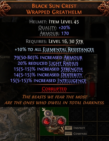 MMOJUGG Path of Exile 2 BLACK SUN CREST WRAPPED GREATHELM#936184 Details View of Item Function and Use