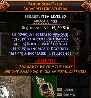 MMOJUGG Path of Exile 2 BLACK SUN CREST WRAPPED GREATHELM#933661 Details View of Item Function and Use