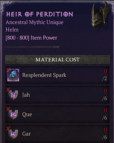 MMOJUGG Diablo 4 [Crafting Mythic] Heir Of Perdition : (6 Jah+6 Que+6 Gar)---No Spark Buying Page Display