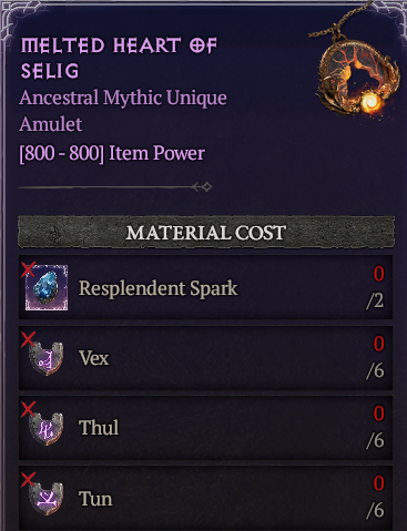 MMOJUGG Diablo 4 [Crafting Mythic] Melted Heart of Selig : (6 Vex+6 Thul+6 Tun)---No Spark Buying Page Display