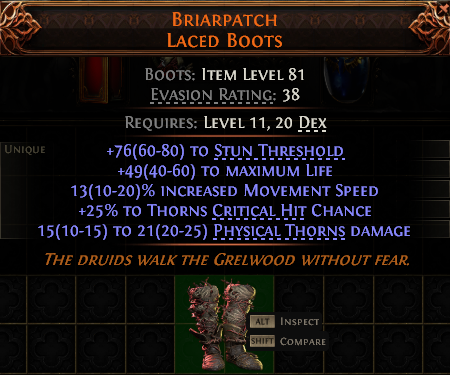 MMOJUGG Path of Exile 2 BRIARPATCH LACED BOOTS#937687 Details View of Item Function and Use
