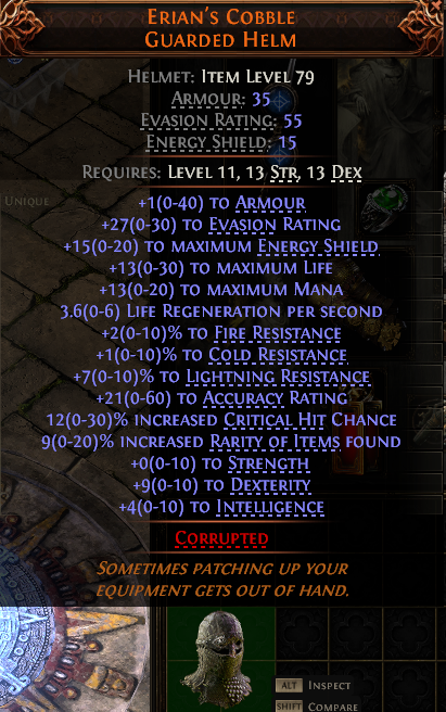 MMOJUGG Path of Exile 2 ERIAN'S COBBLE GUARDED HELM#937746 Details View of Item Function and Use