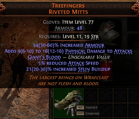 MMOJUGG Path of Exile 2 TREEFINGERS RIVETED MITTS#937844 Details View of Item Function and Use