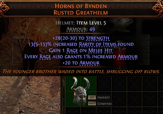 MMOJUGG Path of Exile 2 HORNS OF BYNDEN RUSTED GREATHELM#937852 Details View of Item Function and Use