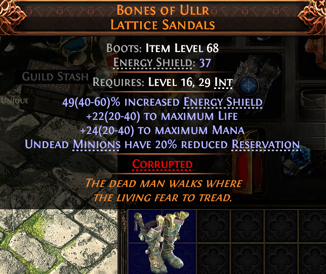 MMOJUGG Path of Exile 2 BONES OF ULLR LATTICE SANDALS#937890 Details View of Item Function and Use