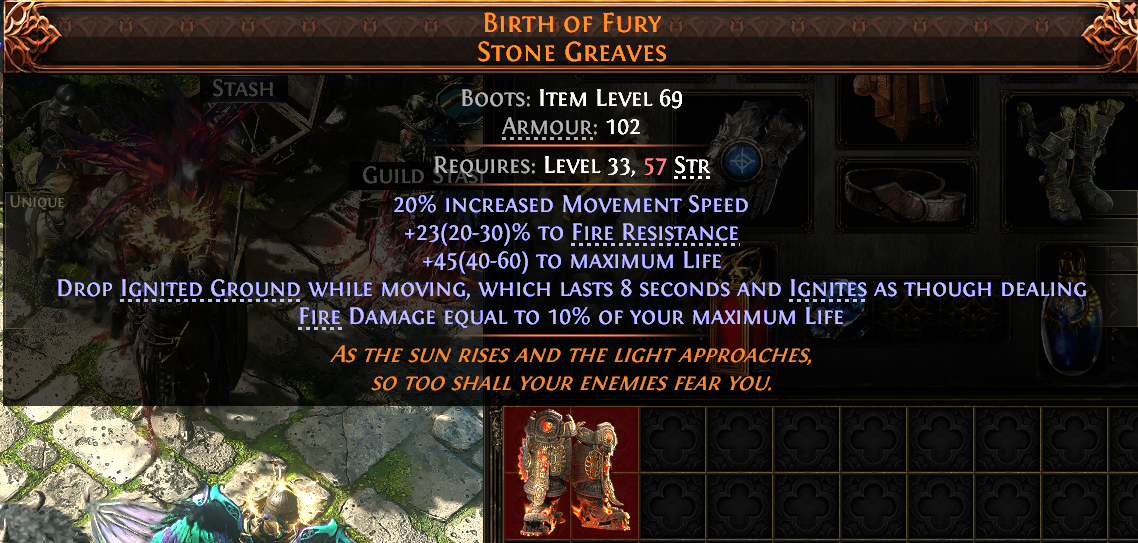 MMOJUGG Path of Exile 2 BIRTH OF FURY STONE GREAVES#937899 Details View of Item Function and Use