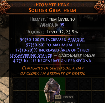 MMOJUGG Path of Exile 2 EZOMYTE PEAK SOLDIER GREATHELM#938278 Details View of Item Function and Use