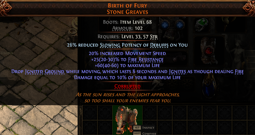 MMOJUGG Path of Exile 2 BIRTH OF FURY STONE GREAVES#938300 Details View of Item Function and Use