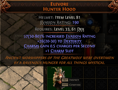 MMOJUGG Path of Exile 2 ELEVORE HUNTER HOOD#938332 Details View of Item Function and Use