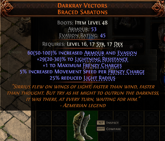 MMOJUGG Path of Exile 2 DARKRAY VECTORS BRACED SABATONS#938341 Details View of Item Function and Use