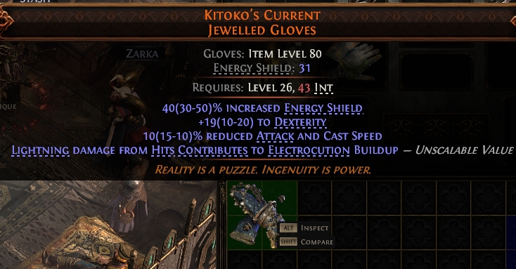 MMOJUGG Path of Exile 2 KITOKO'S CURRENT JEWELLED GLOVES#938407 Details View of Item Function and Use