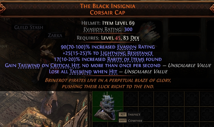 MMOJUGG Path of Exile 2 THE BLACK INSIGNIA CORSAIR CAP#938409 Details View of Item Function and Use