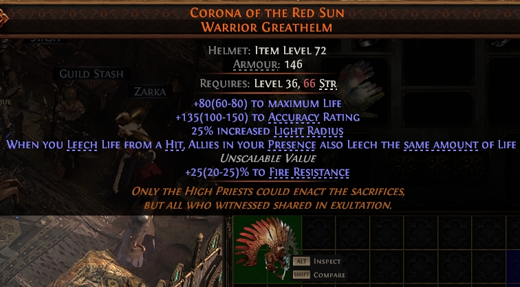 MMOJUGG Path of Exile 2 CORONA OF THE RED SUN WARRIOR GREATHELM#938438 Details View of Item Function and Use
