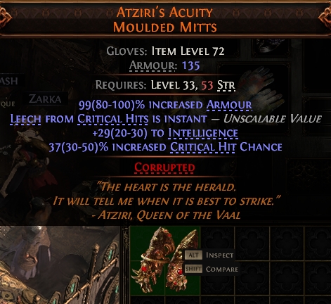 MMOJUGG Path of Exile 2 ATZIRI'S ACUITY MOULDED MITTS#938443 Details View of Item Function and Use
