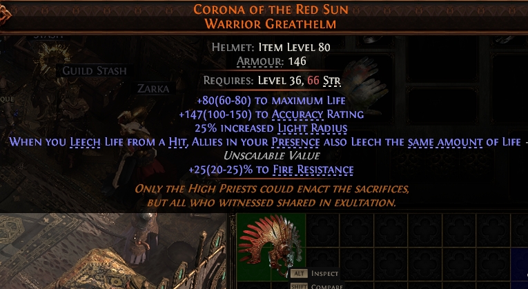 MMOJUGG Path of Exile 2 CORONA OF THE RED SUN WARRIOR GREATHELM#938445 Details View of Item Function and Use