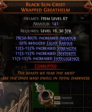 MMOJUGG Path of Exile 2 BLACK SUN CREST WRAPPED GREATHELM#938458 Details View of Item Function and Use