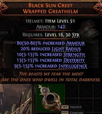 MMOJUGG Path of Exile 2 BLACK SUN CREST WRAPPED GREATHELM#938463 Details View of Item Function and Use