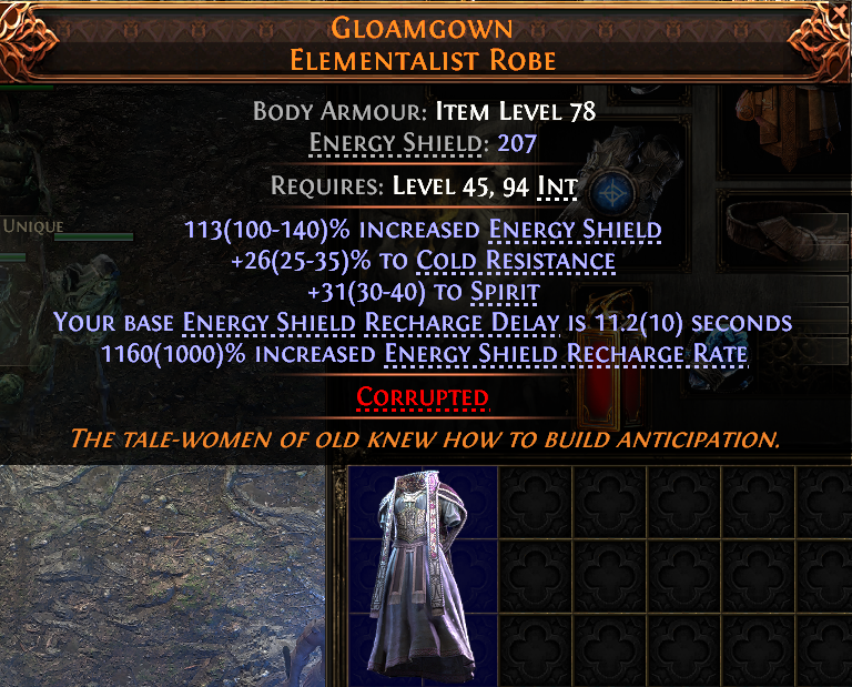 MMOJUGG Path of Exile 2 GLOAMGOWN ELEMENTALIST ROBE#938510 Details View of Item Function and Use