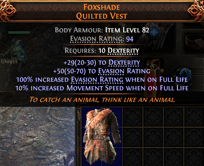 MMOJUGG Path of Exile 2 FOXSHADE QUILTED VEST#938513 Details View of Item Function and Use
