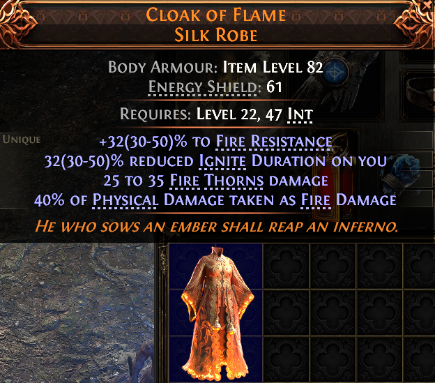 MMOJUGG Path of Exile 2 CLOAK OF FLAME SILK ROBE#938532 Details View of Item Function and Use