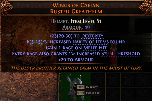 MMOJUGG Path of Exile 2 WINGS OF CAELYN RUSTED GREATHELM#938806 Details View of Item Function and Use