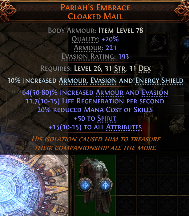 MMOJUGG Path of Exile 2 PARIAH'S EMBRACE CLOAKED MAIL#939656 Details View of Item Function and Use