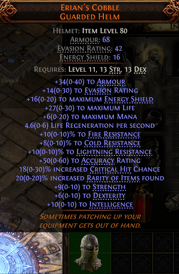 MMOJUGG Path of Exile 2 ERIAN'S COBBLE GUARDED HELM#939665 Details View of Item Function and Use
