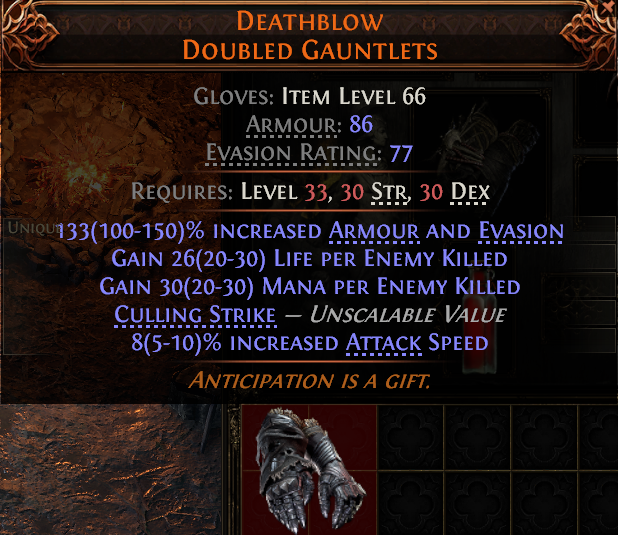 MMOJUGG Path of Exile 2 DEATHBLOW DOUBLED GAUNTLETS#939806 Details View of Item Function and Use