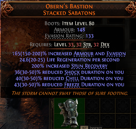 MMOJUGG Path of Exile 2 OBERN'S BASTION STACKED SABATONS#939946 Details View of Item Function and Use
