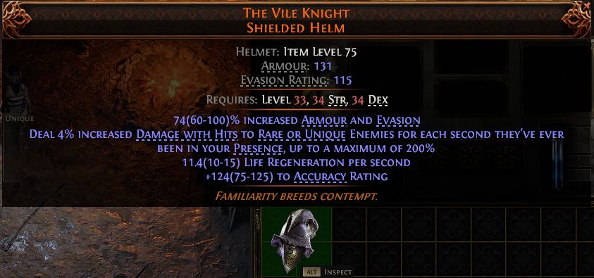 MMOJUGG Path of Exile 2 THE VILE KNIGHT SHIELDED HELM#939953 Details View of Item Function and Use