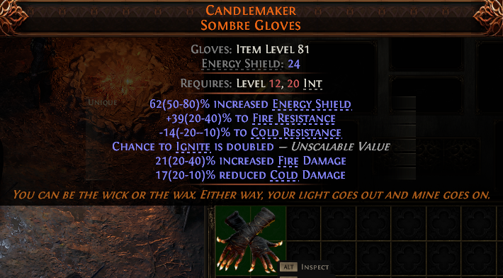 MMOJUGG Path of Exile 2 CANDLEMAKER SOMBRE GLOVES#939988 Details View of Item Function and Use