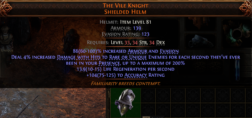 MMOJUGG Path of Exile 2 THE VILE KNIGHT SHIELDED HELM#940213 Details View of Item Function and Use