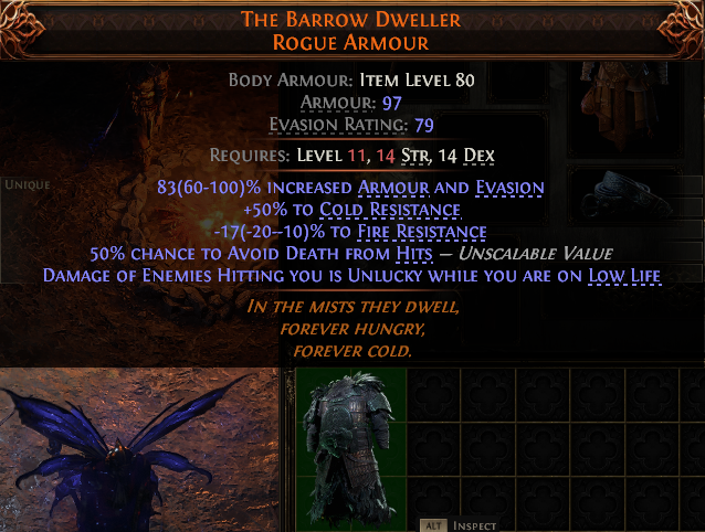 MMOJUGG Path of Exile 2 THE BARROW DWELLER ROGUE ARMOUR#940266 Details View of Item Function and Use