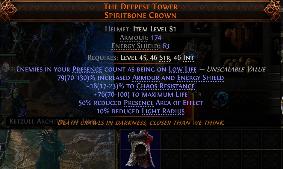 MMOJUGG Path of Exile 2 THE DEEPEST TOWER SPIRITBONE CROWN#941082 Details View of Item Function and Use