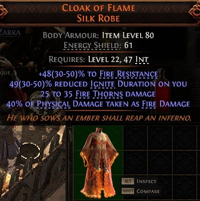 MMOJUGG Path of Exile 2 CLOAK OF FLAME SILK ROBE#941148 Details View of Item Function and Use