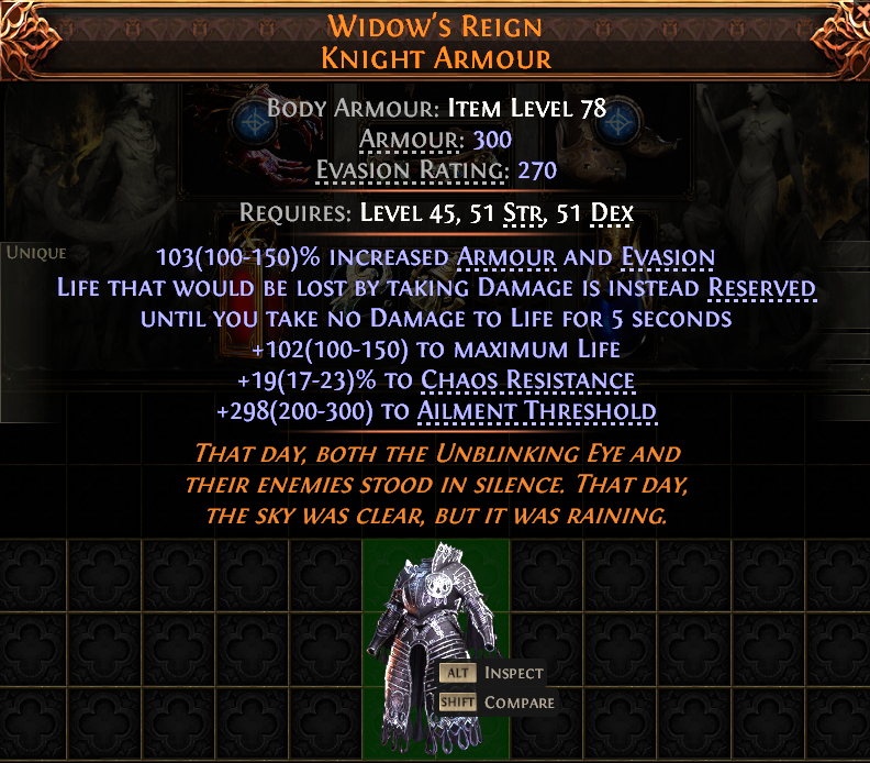 MMOJUGG Path of Exile 2 WIDOW'S REIGN KNIGHT ARMOUR#941286 Details View of Item Function and Use