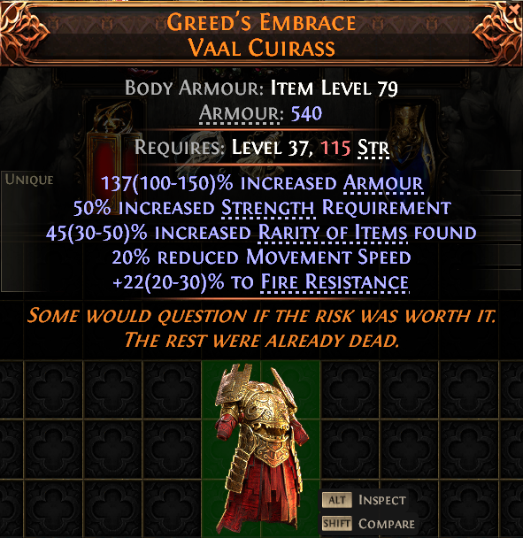 MMOJUGG Path of Exile 2 GREED'S EMBRACE VAAL CUIRASS#941289 Details View of Item Function and Use