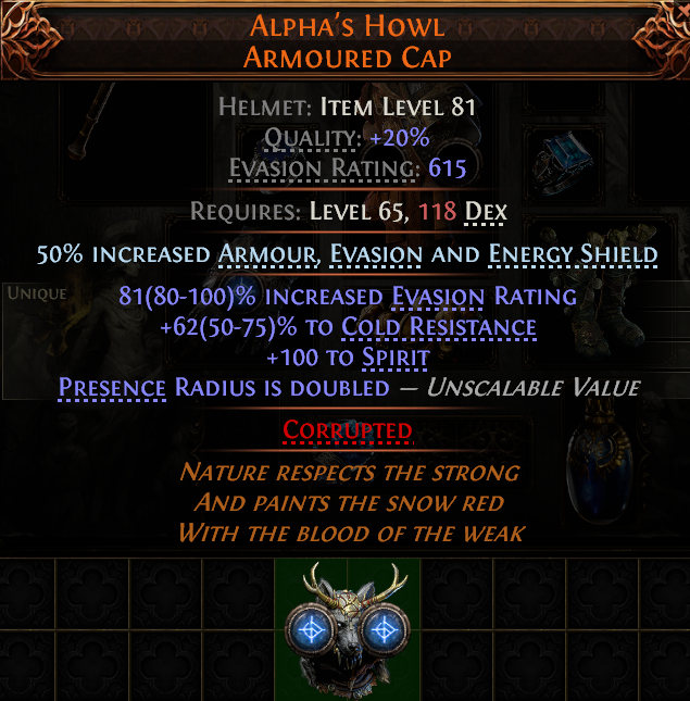 MMOJUGG Path of Exile 2 ALPHA'S HOWL ARMOURED CAP#941311 Details View of Item Function and Use
