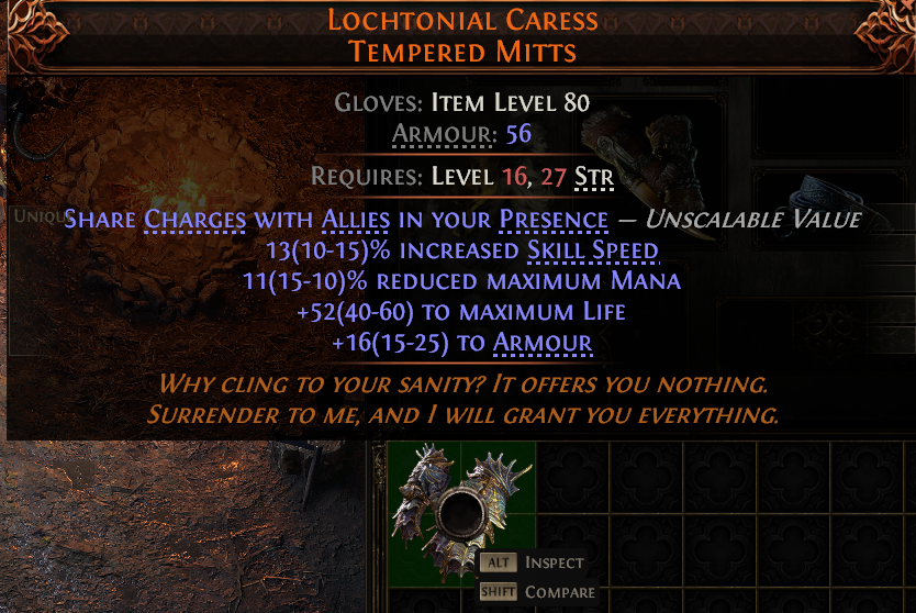 MMOJUGG Path of Exile 2 LOCHTONIAL CARESS TEMPERED MITTS#942007 Details View of Item Function and Use