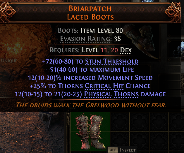 MMOJUGG Path of Exile 2 BRIARPATCH LACED BOOTS#942037 Details View of Item Function and Use