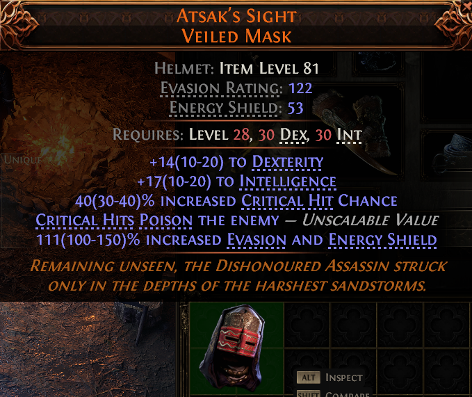 MMOJUGG Path of Exile 2 ATSAK'S SIGHT VEILED MASK#942043 Details View of Item Function and Use