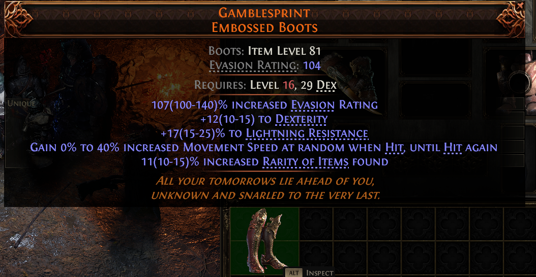 MMOJUGG Path of Exile 2 GAMBLESPRINT EMBOSSED BOOTS#942066 Details View of Item Function and Use