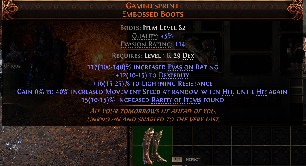 MMOJUGG Path of Exile 2 GAMBLESPRINT EMBOSSED BOOTS#942071 Details View of Item Function and Use