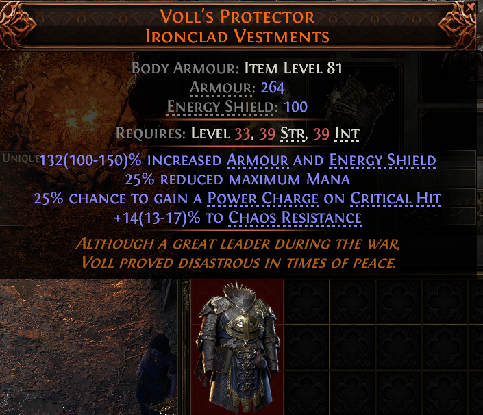 MMOJUGG Path of Exile 2 VOLL'S PROTECTOR IRONCLAD VESTMENTS#942090 Details View of Item Function and Use