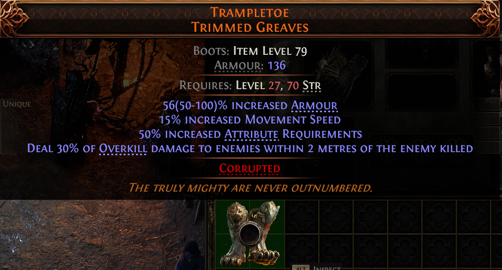 MMOJUGG 流亡黯道 2 (Path of Exile 2) TRAMPLETOE TRIMMED GREAVES#942121 Funktion und Verwendung des Gegenstände