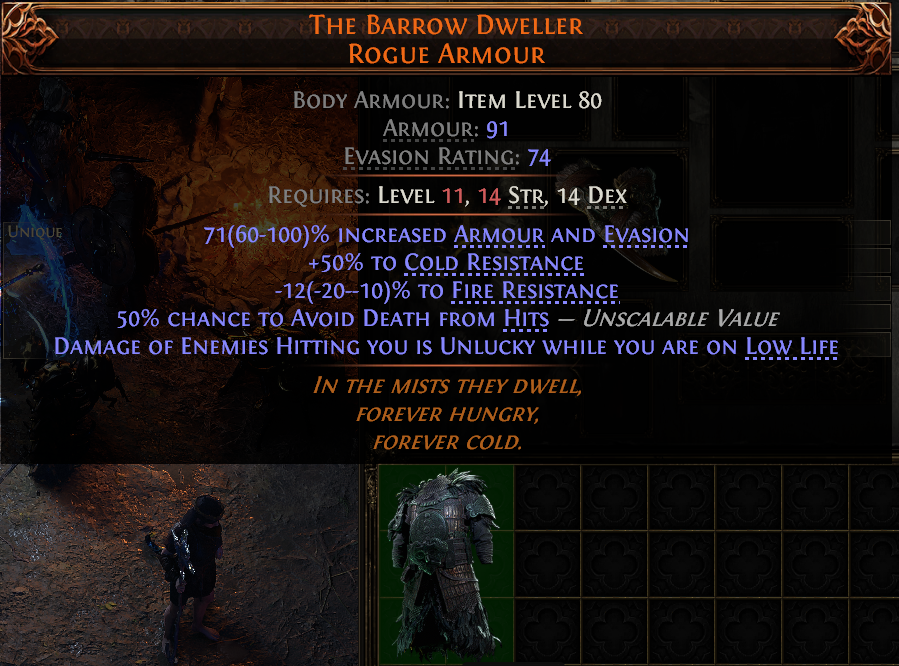 MMOJUGG Path of Exile 2 THE BARROW DWELLER ROGUE ARMOUR#942171 Details View of Item Function and Use