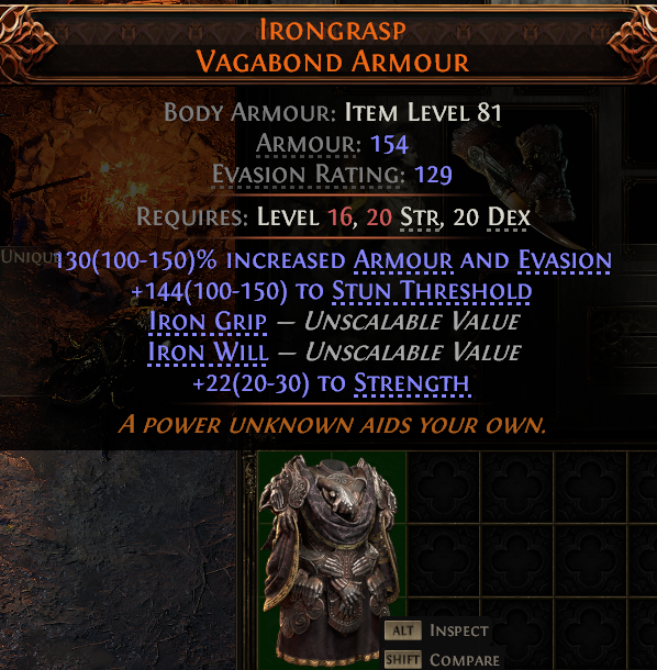 MMOJUGG Path of Exile 2 IRONGRASP VAGABOND ARMOUR#942173 Details View of Item Function and Use