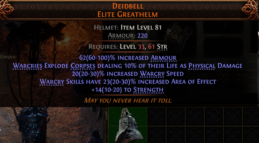 MMOJUGG Path of Exile 2 DEIDBELL ELITE GREATHELM#944016 Details View of Item Function and Use