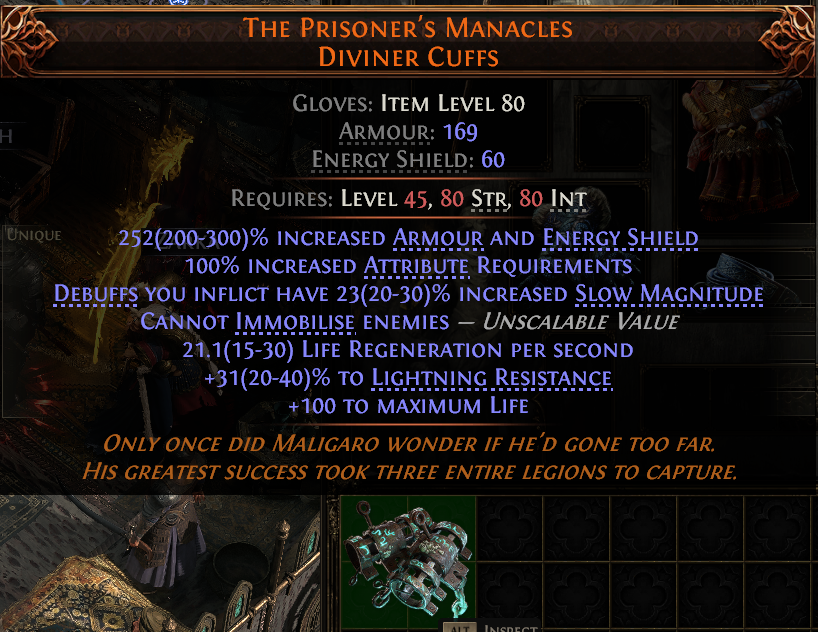 PoE2 (Runes of Aldur 0.5.0) THE PRISONER'S MANACLES DIVINER CUFFS#945009 Details MMOJUGG Path of Exile 2 THE PRISONER'S MANACLES DIVINER CUFFS#945009 Details View of Item Function and Use