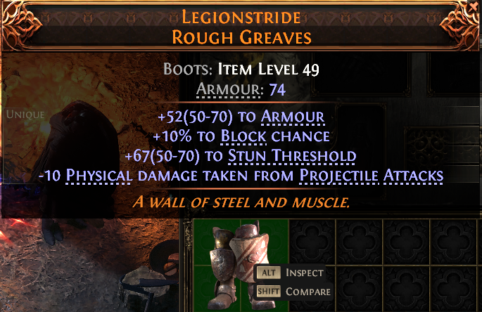 MMOJUGG Path of Exile 2 LEGIONSTRIDE ROUGH GREAVES#945344 Details View of Item Function and Use